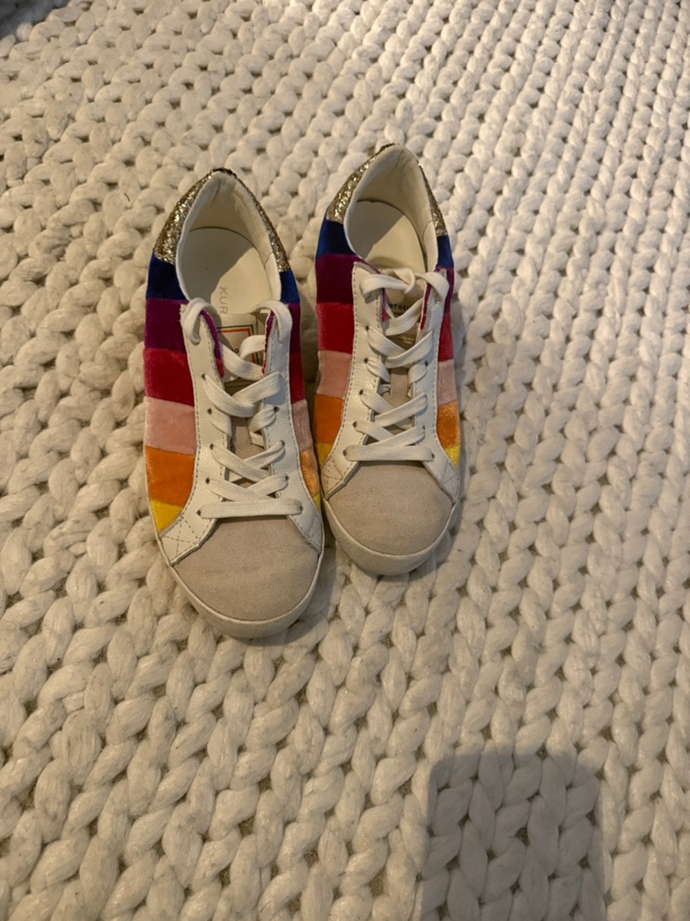 Kurt Geiger Multicolor Velvet Stripe Sneakers with Gold Heel